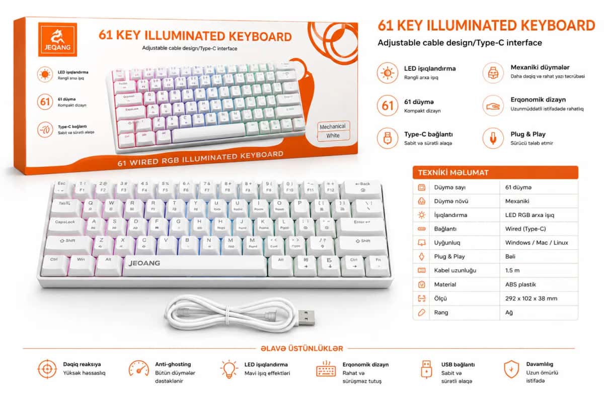 Jeqang JK-928 Mechanical Gaming Keyboard, White, USB Type-C - Tenderyard