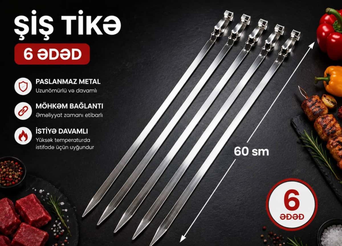 Kabab şişi paslanmaz metal 60 sm (6 ədəd) - Tenderyard