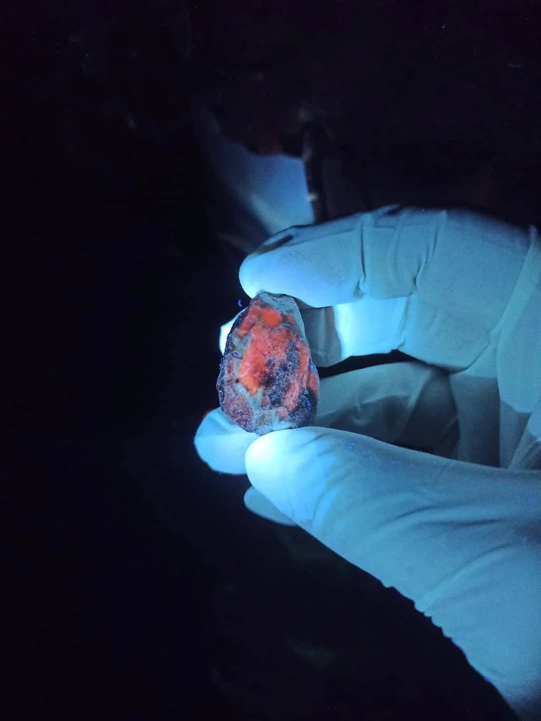 Natural mineral specimen glowing orange under UV light - Tenderyard