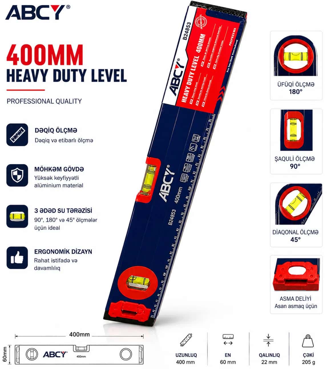 ABCY B24853 Professional Spirit Level, 400 mm - Tenderyard
