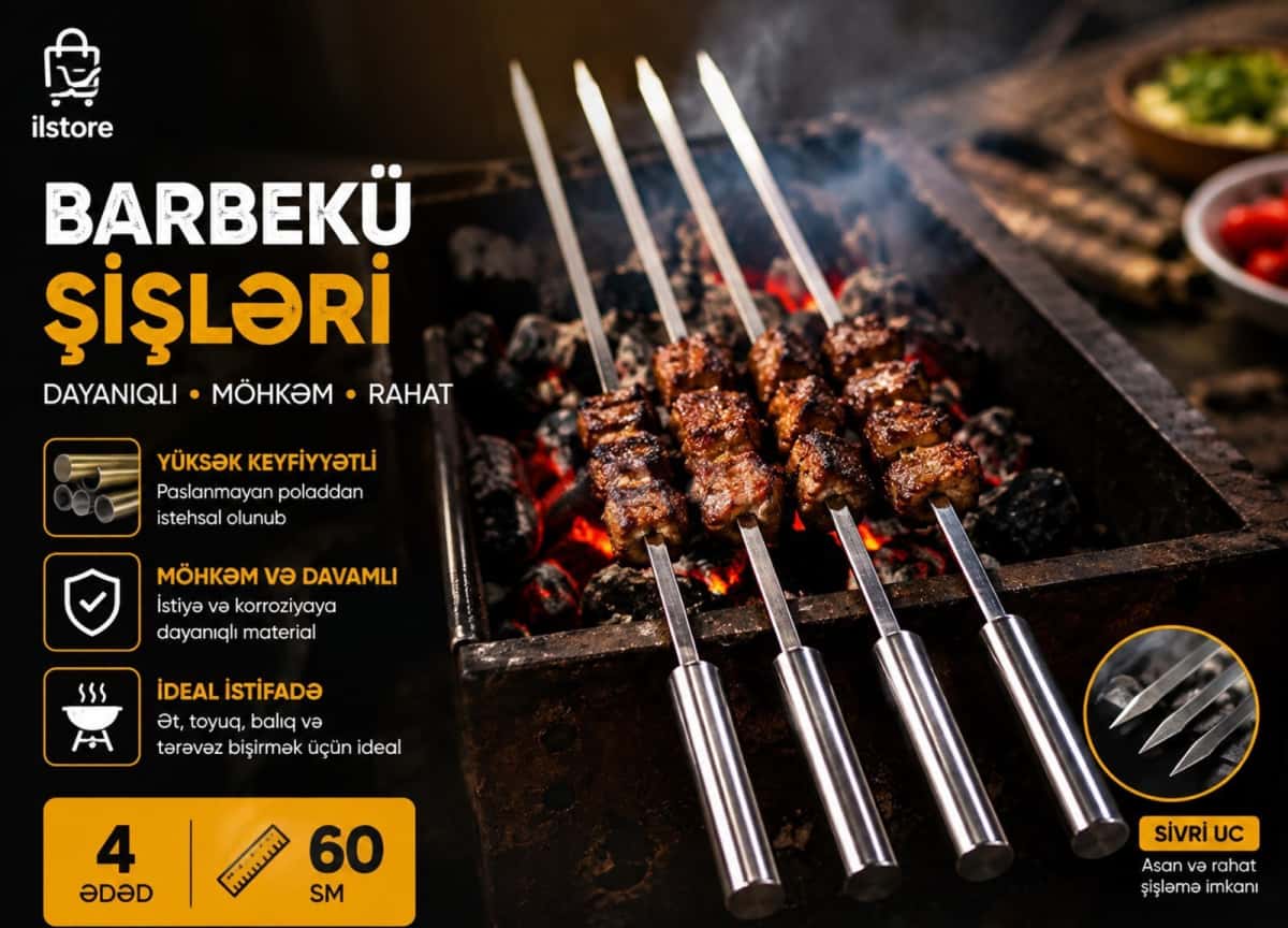 Barbekü şişləri dəsti, taxta qulplu, 4 ədəd - Tenderyard