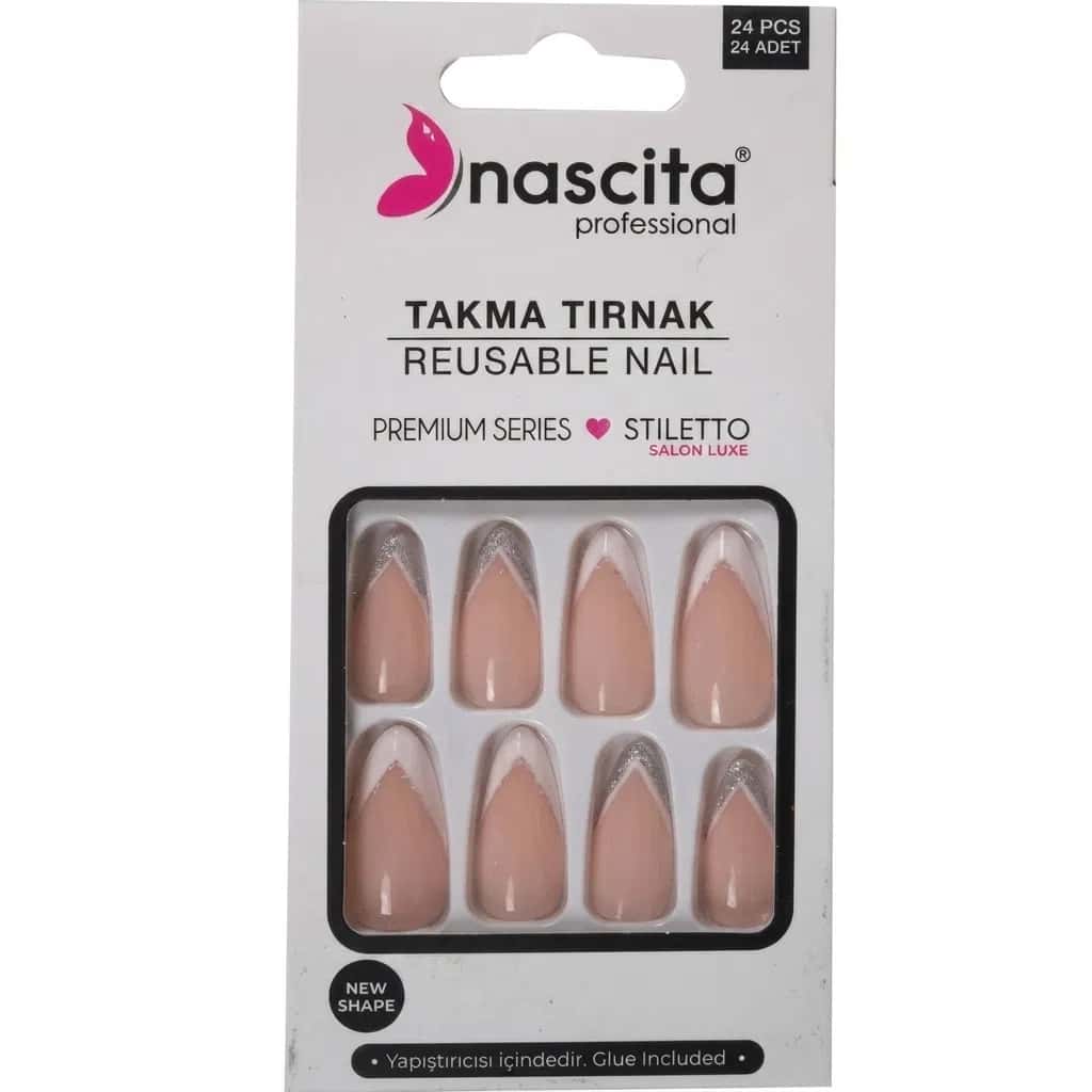 Nascita Stiletto French Artificial Nails, 24 pieces - Tenderyard