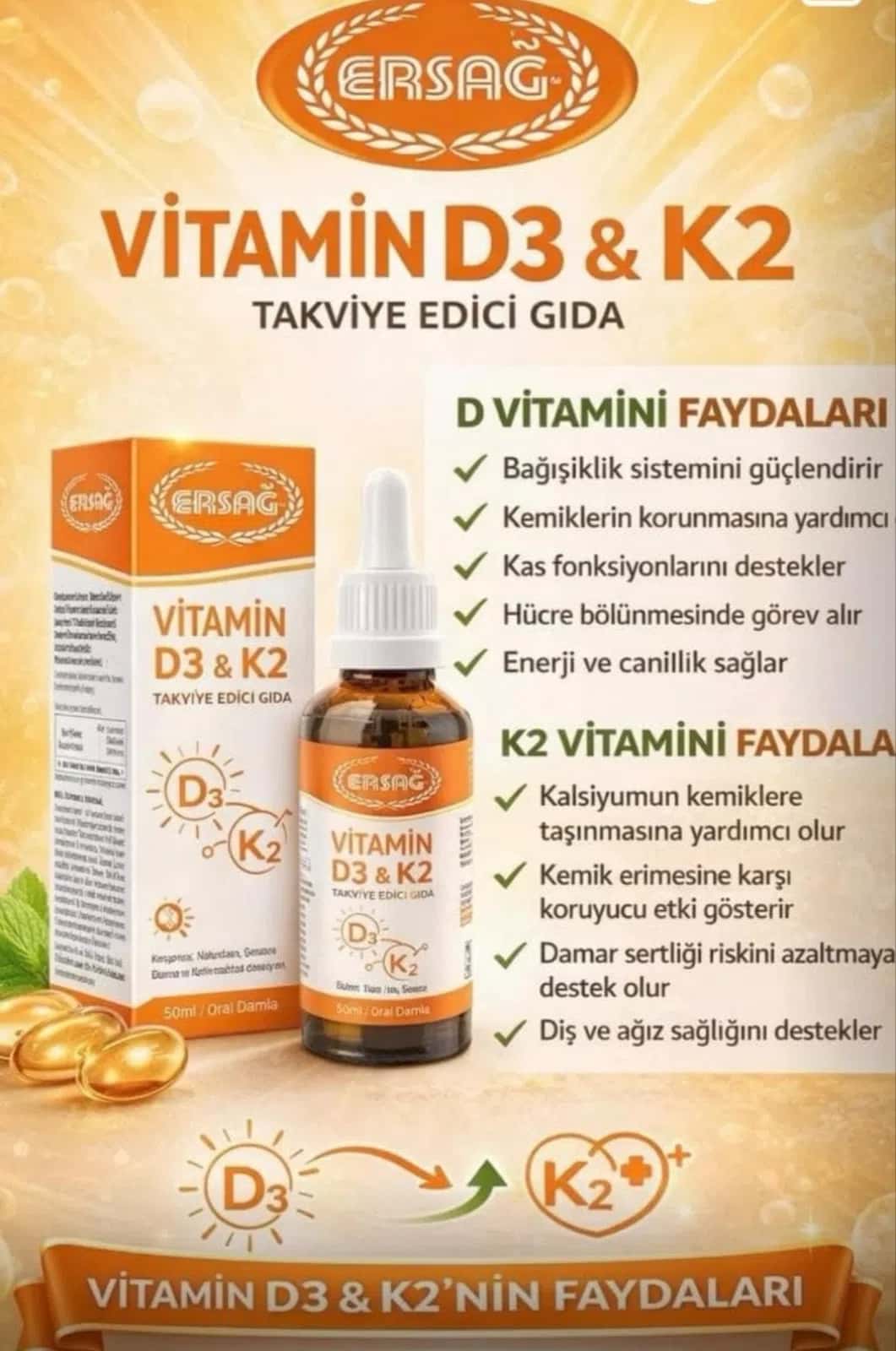Vitamin damlası Ersağ Vitamin D3 & K2 50 ml - Tenderyard