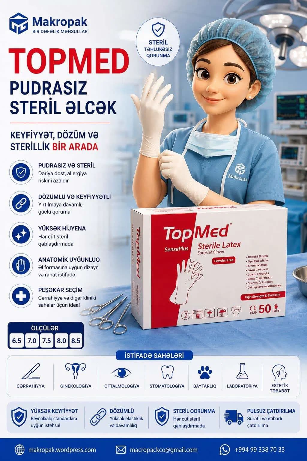 Topmed pudrasız steril cərrahi əlcək