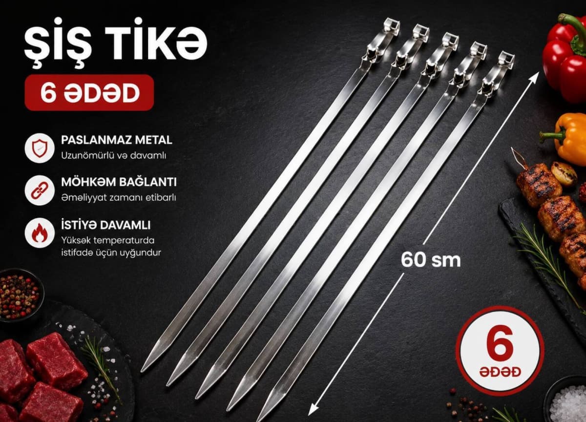 Kabab şişi paslanmaz metal 60 sm (6 ədəd)
