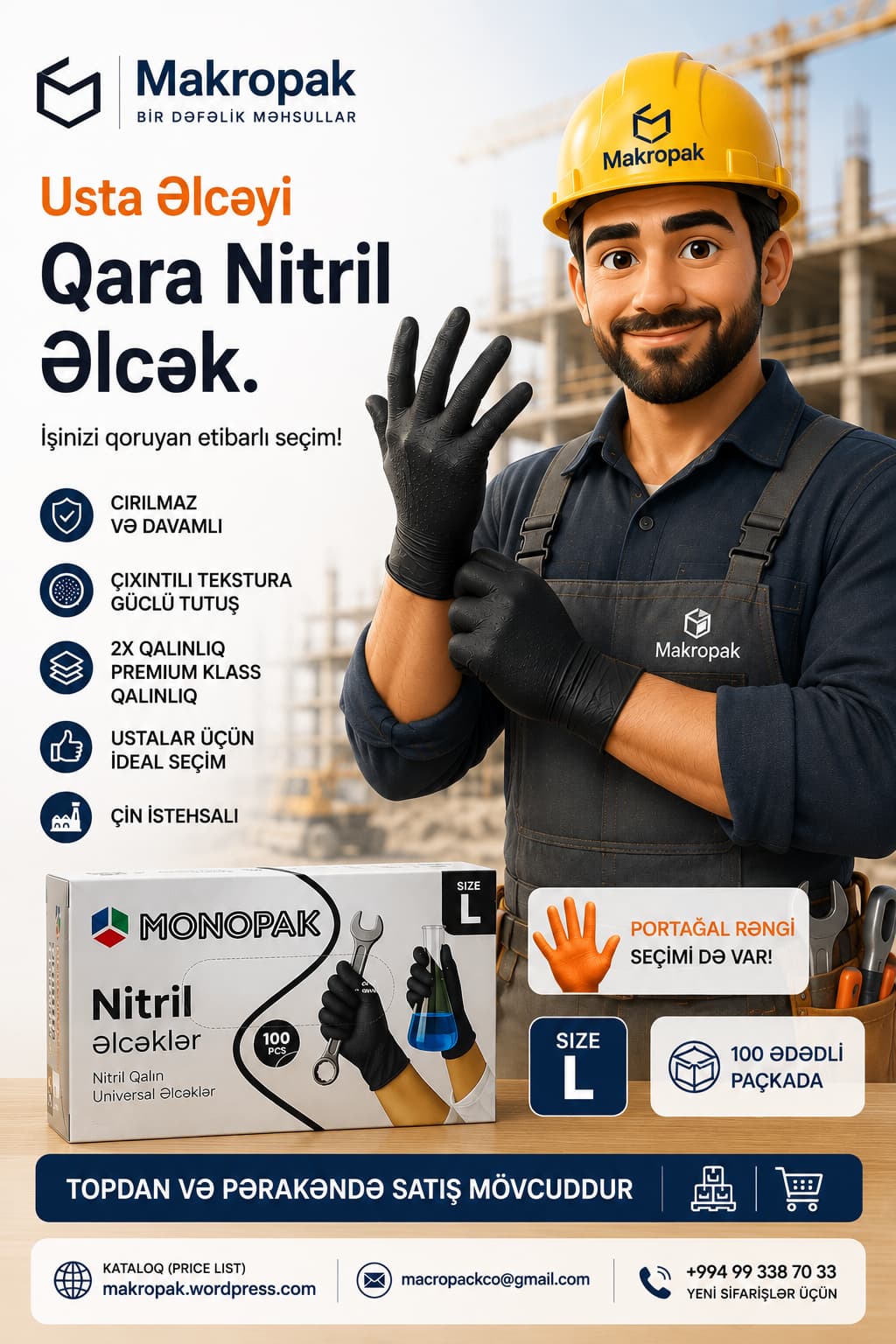 Usta əlcəyi, qara nitril əlcək, L ölçü, 100 ədəd