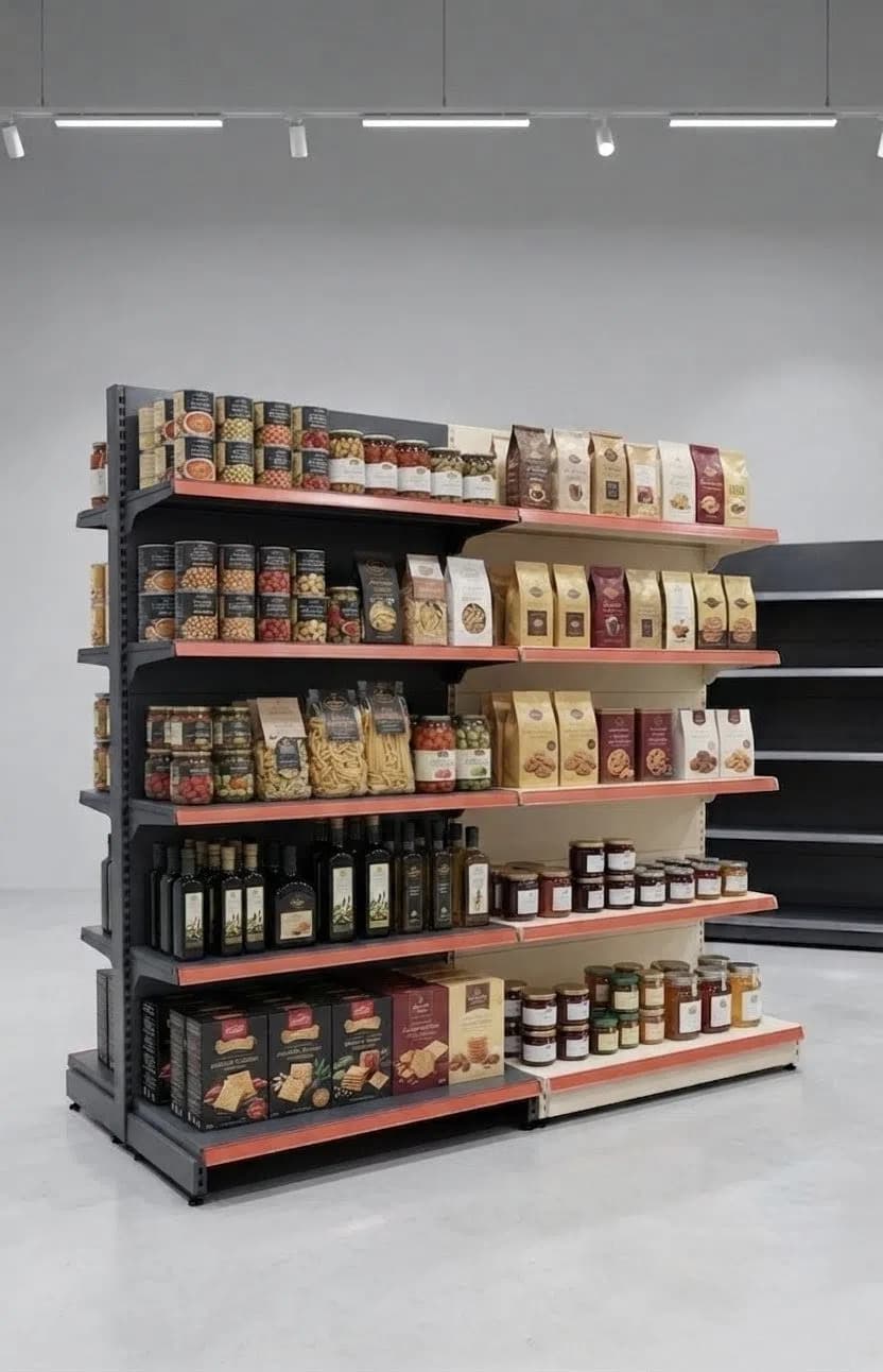 Market rəfi və müxtəlif qida məhsulları
