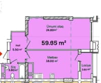 1 otaqlı mənzil 59.4 m² satılır — şəkil 3