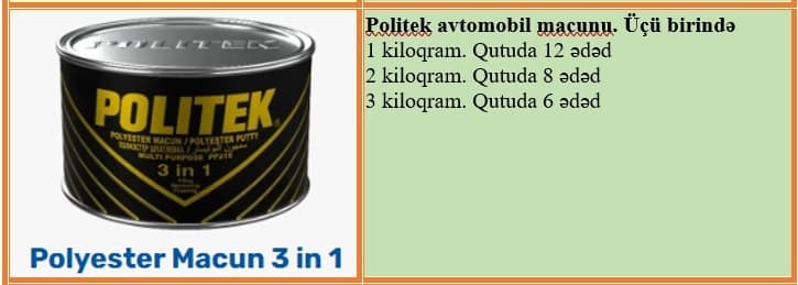 POLİTEK avtomobil şpaklyovka-macunları