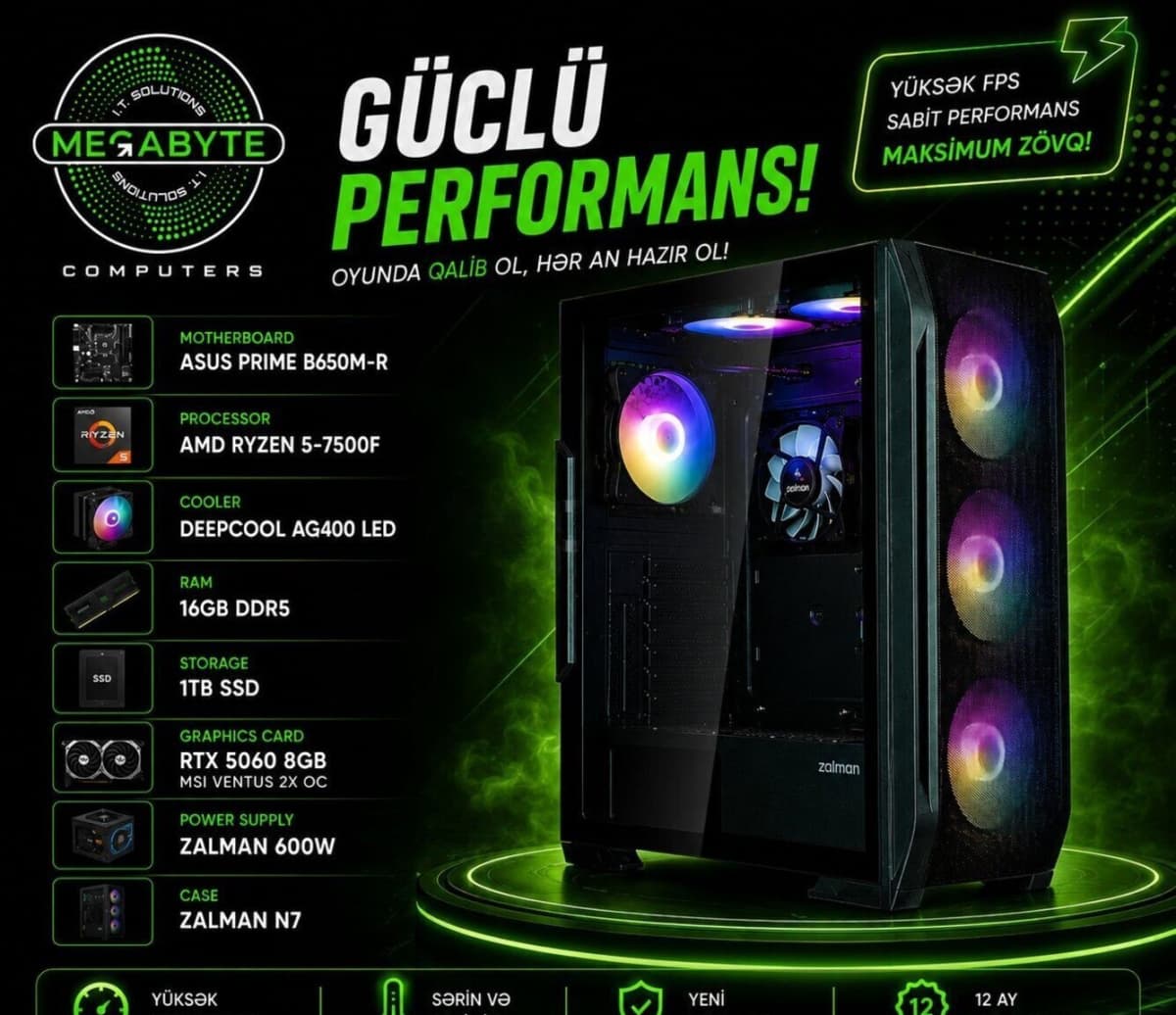 Masaüstü kompüter Gaming PC Mega-021 Ryzen 5 7500F RTX 5060