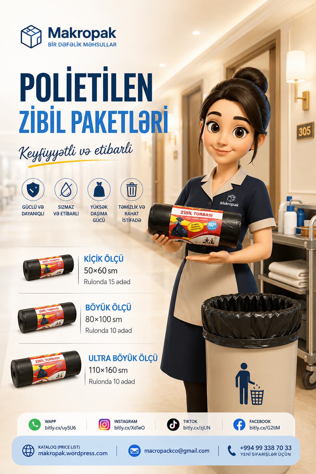 Polietilen zibil paketləri, müxtəlif ölçülərdə