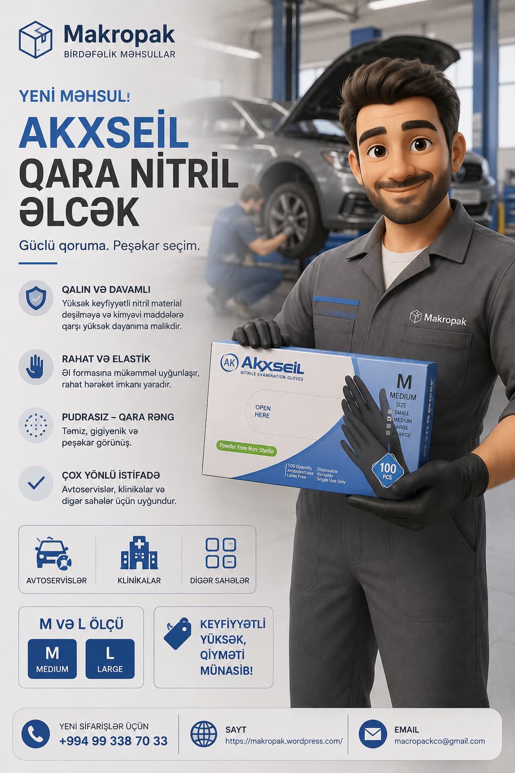 Akxseil qara nitril əlcək, pudrasız, M və L ölçülər