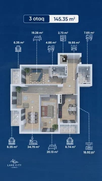 3 otaqlı mənzil 145.35 m² satılır