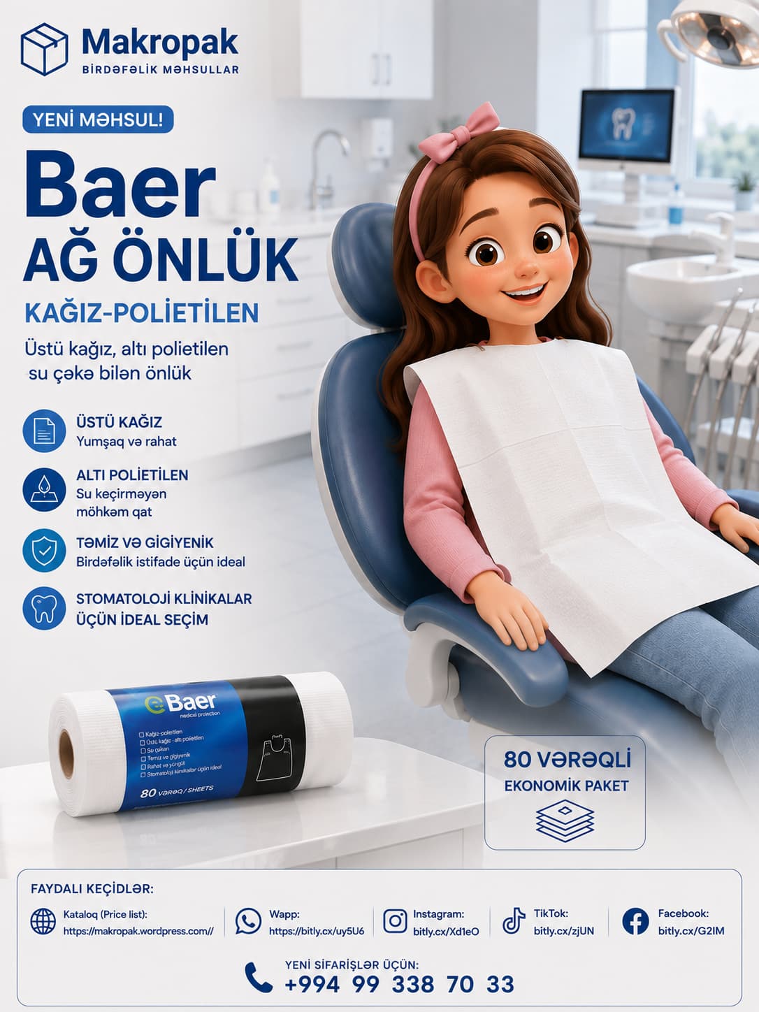 Baer ağ kağız-polietilen stomatoloji önlük