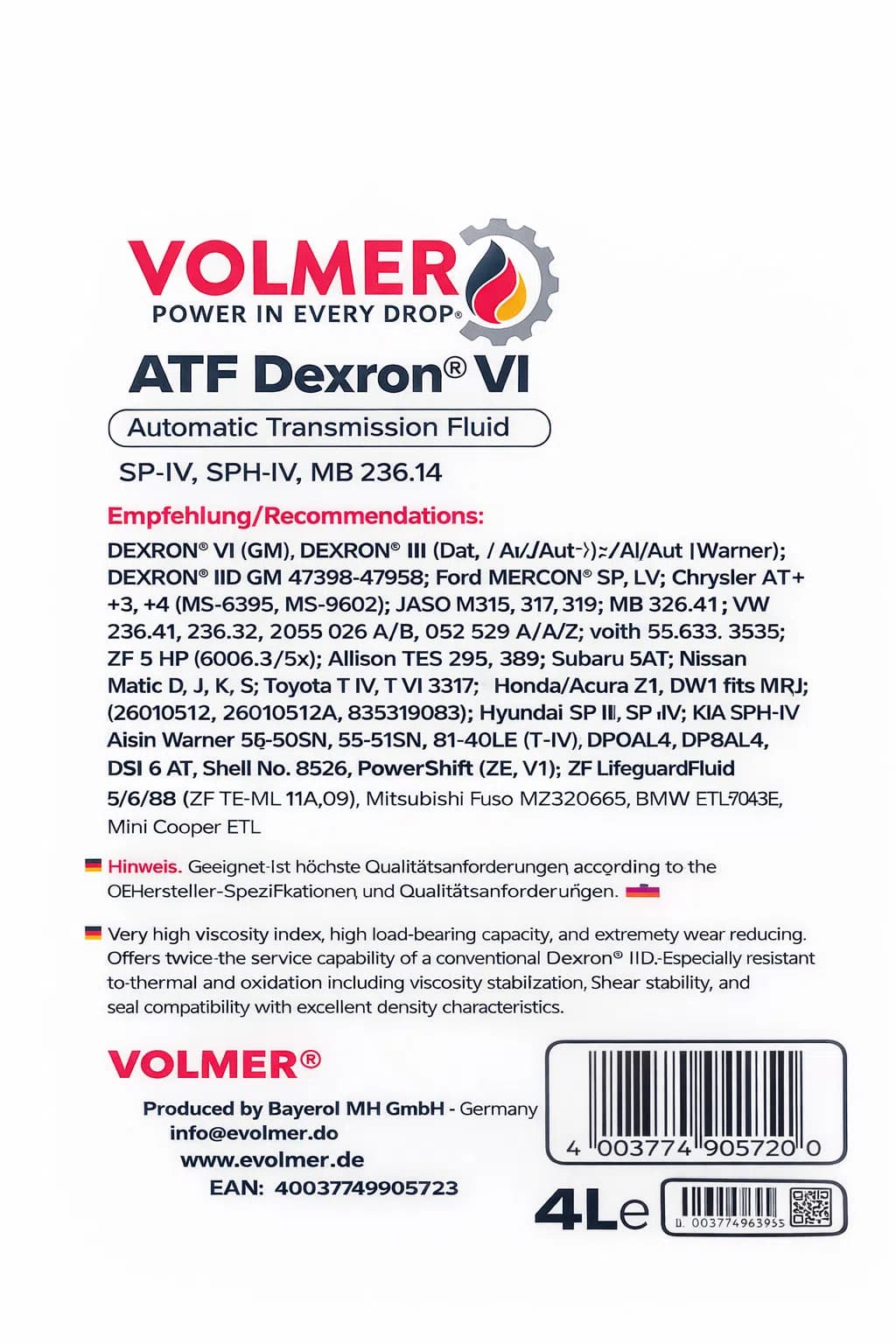 Volmer ATF Dexron VI Avtomat Transmissiya Yağı, 4 Lt