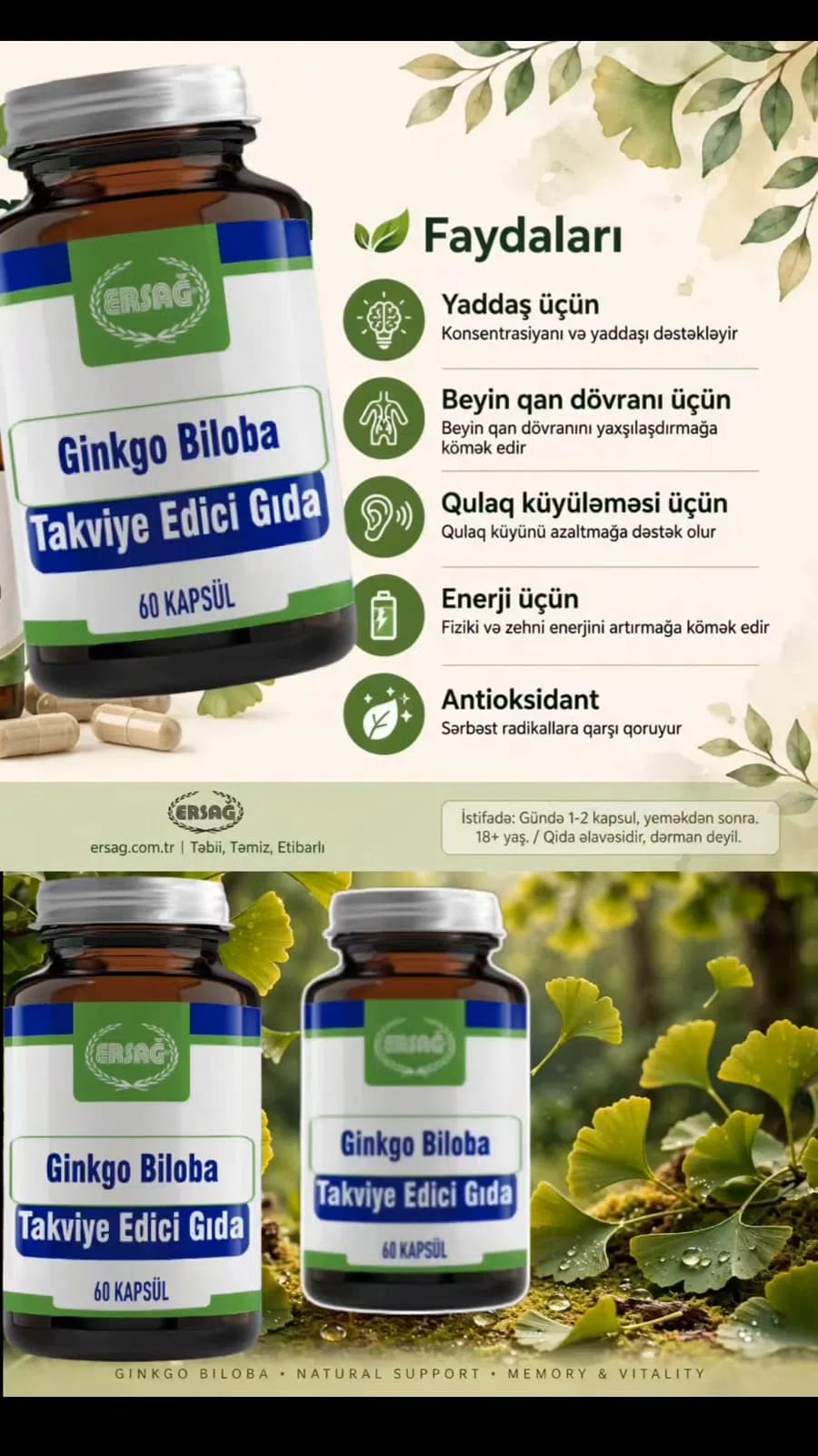 Qida əlavəsi Ersağ Ginkgo Biloba 60 kapsul