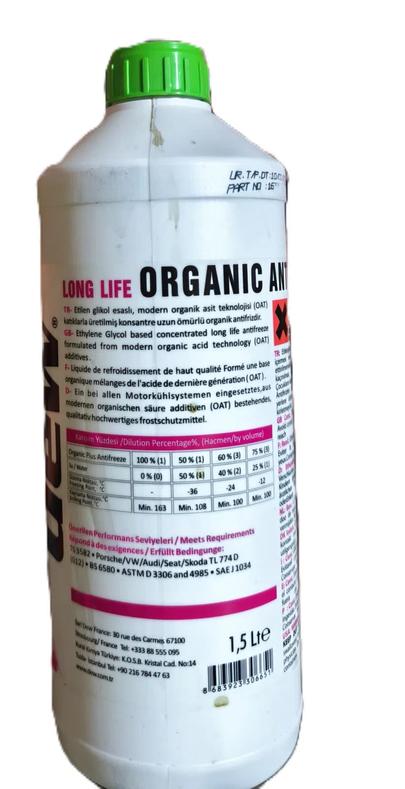 Dew Organik Antifriz G11 Yaşıl 1.5 L
