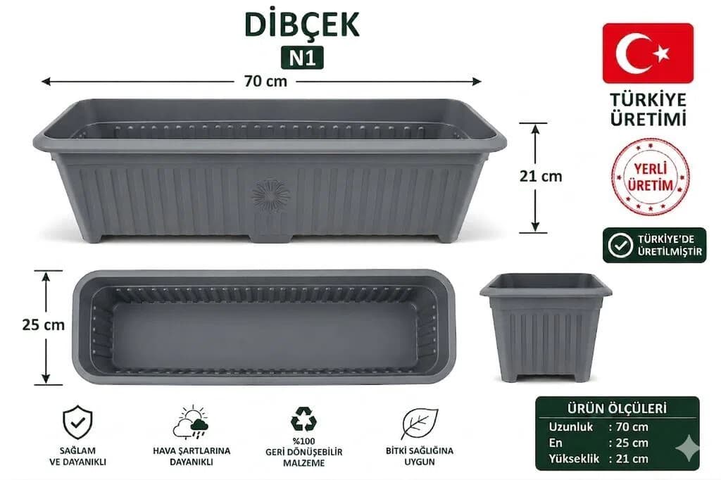 Türkiyə istehsalı uzunsov plastik dibçək 70 sm