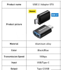 Adapter Baseus Type-C to USB 3.1 OTG — şəkil 2