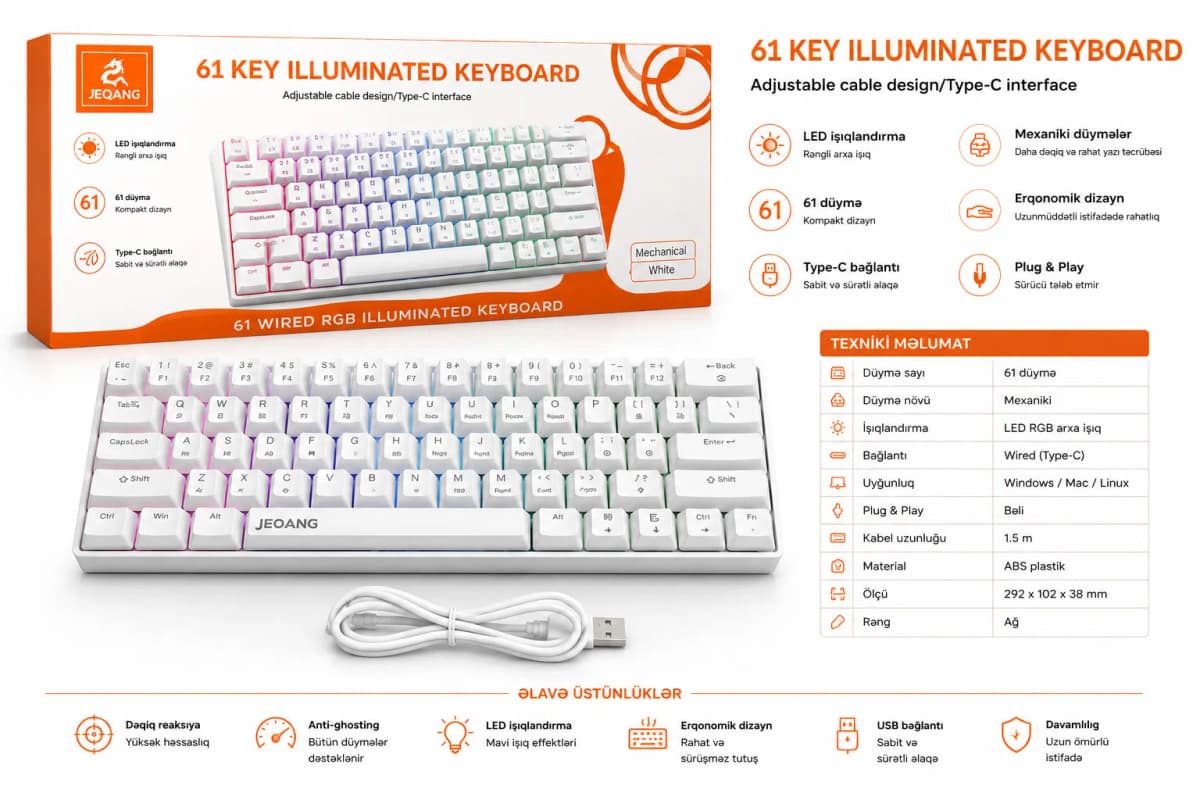 Jeqang JK-928 Mexaniki Oyun Klaviaturası, Ağ, USB Type-C