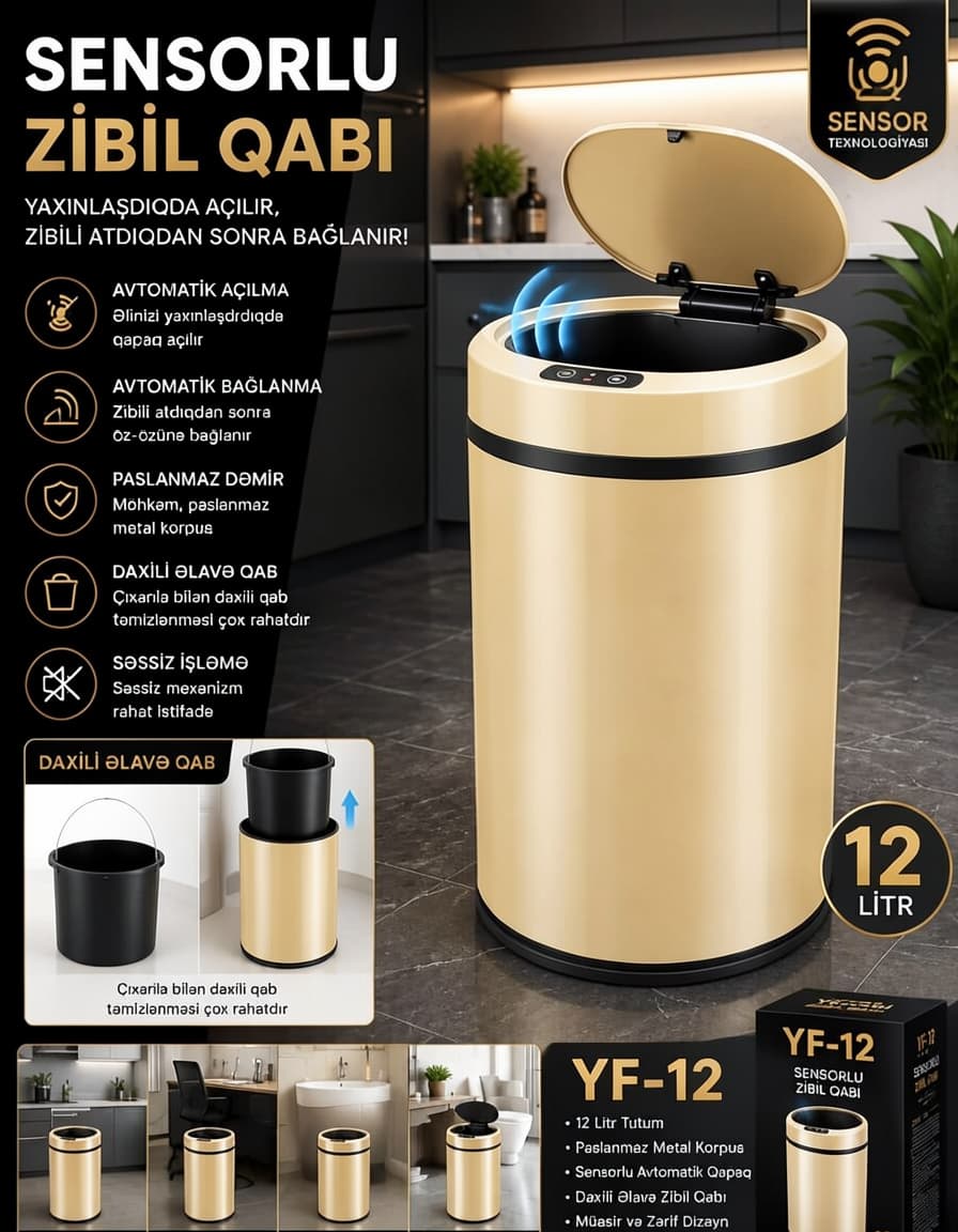 Sensorlu Zibil Qabı 12 Litr BE-030131