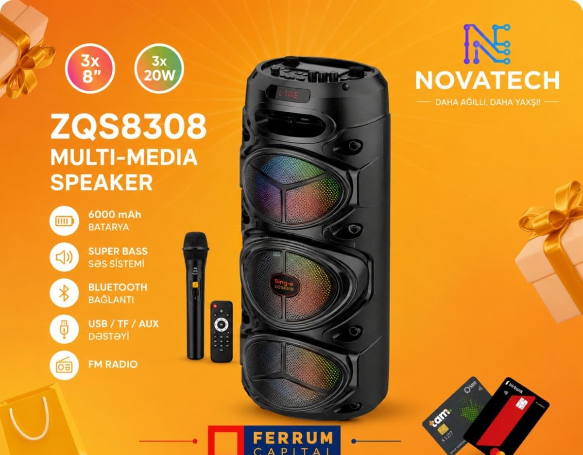 Bluetooth dinamik ZQS8308 3x8 düym mikrofonlu