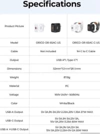 Şarj cihazı Orico 65W GaN PD OR-65AC-C-EU-WH-EP — şəkil 3