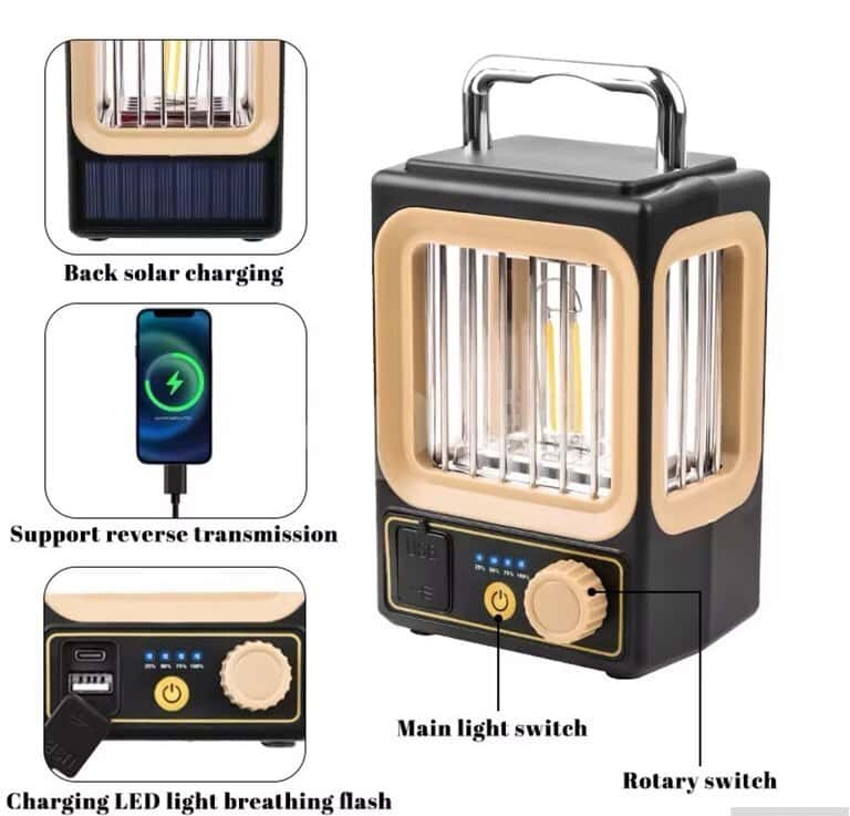 Camping lantern with solar panel and rechargeable - Tenderyard