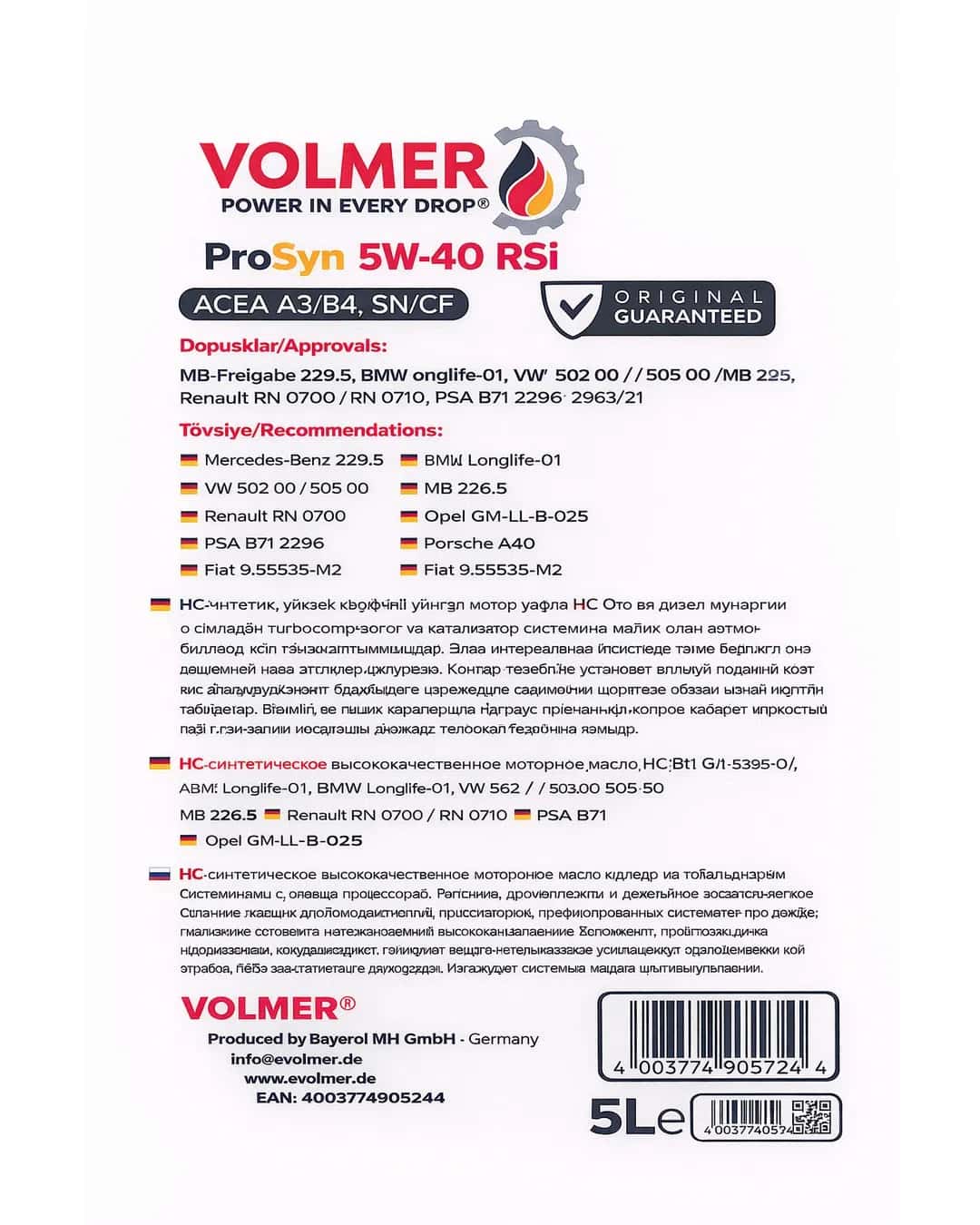 Volmer ProSyn 5W-40 RSi Sintetik Mühərrik Yağı, 5L - Tenderyard