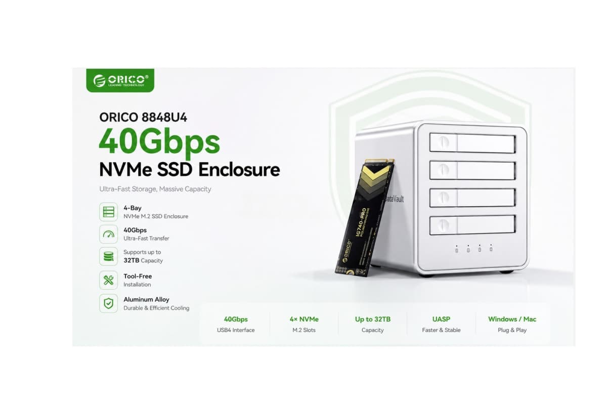 SSD qutusu Orico 4 bay NVMe 40Gbps