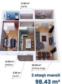 2 otaqlı mənzil 99 m² satılır — şəkil 3