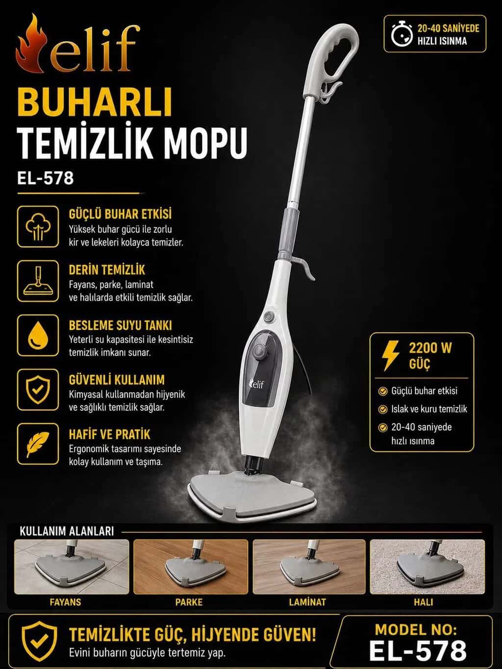 Паровая швабра Elif EL-578 2200W - Tenderyard