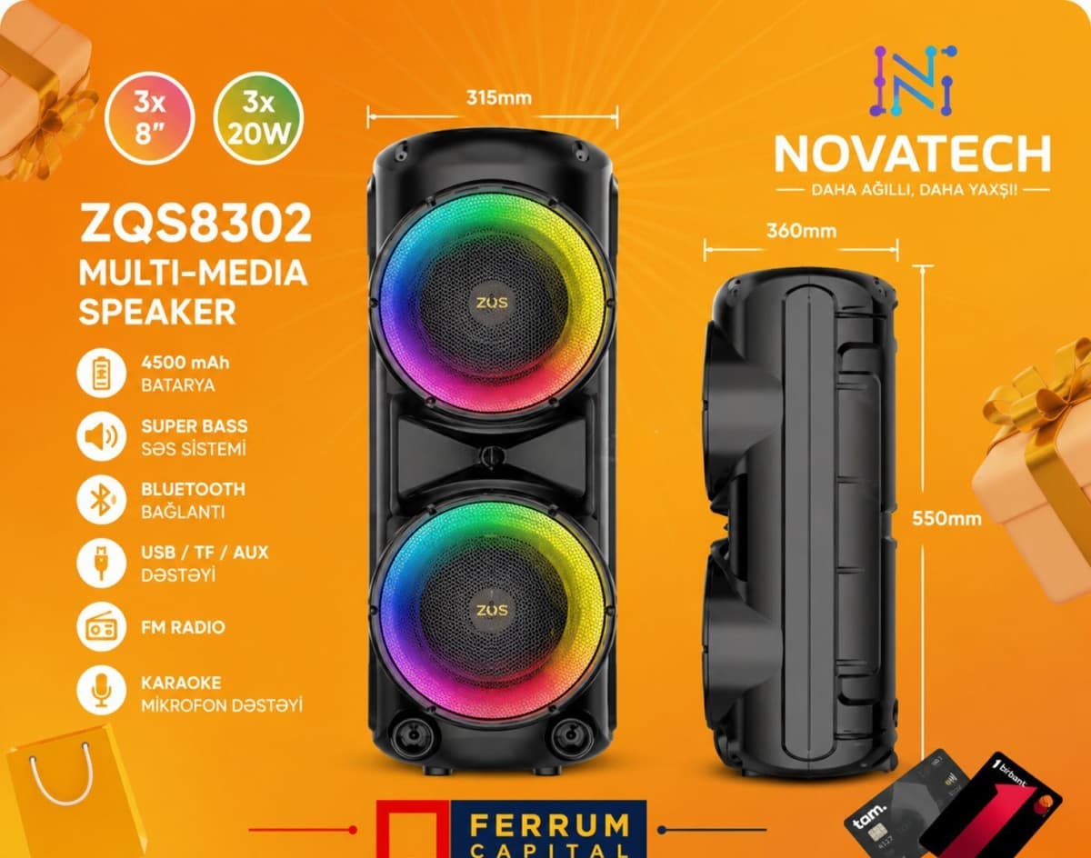 Bluetooth dinamik ZQS8302 2x8" karaoke mikrofonlu