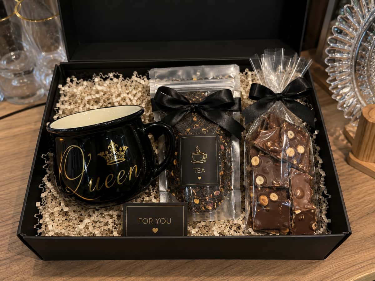 Elegant gift set with "Queen" mug, tea, and chocolate - Tenderyard