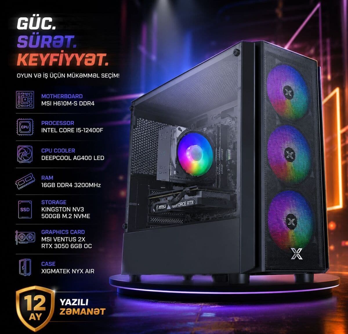 Masaüstü kompüter Gaming PC Mega-024 i5-12400F RTX 3050