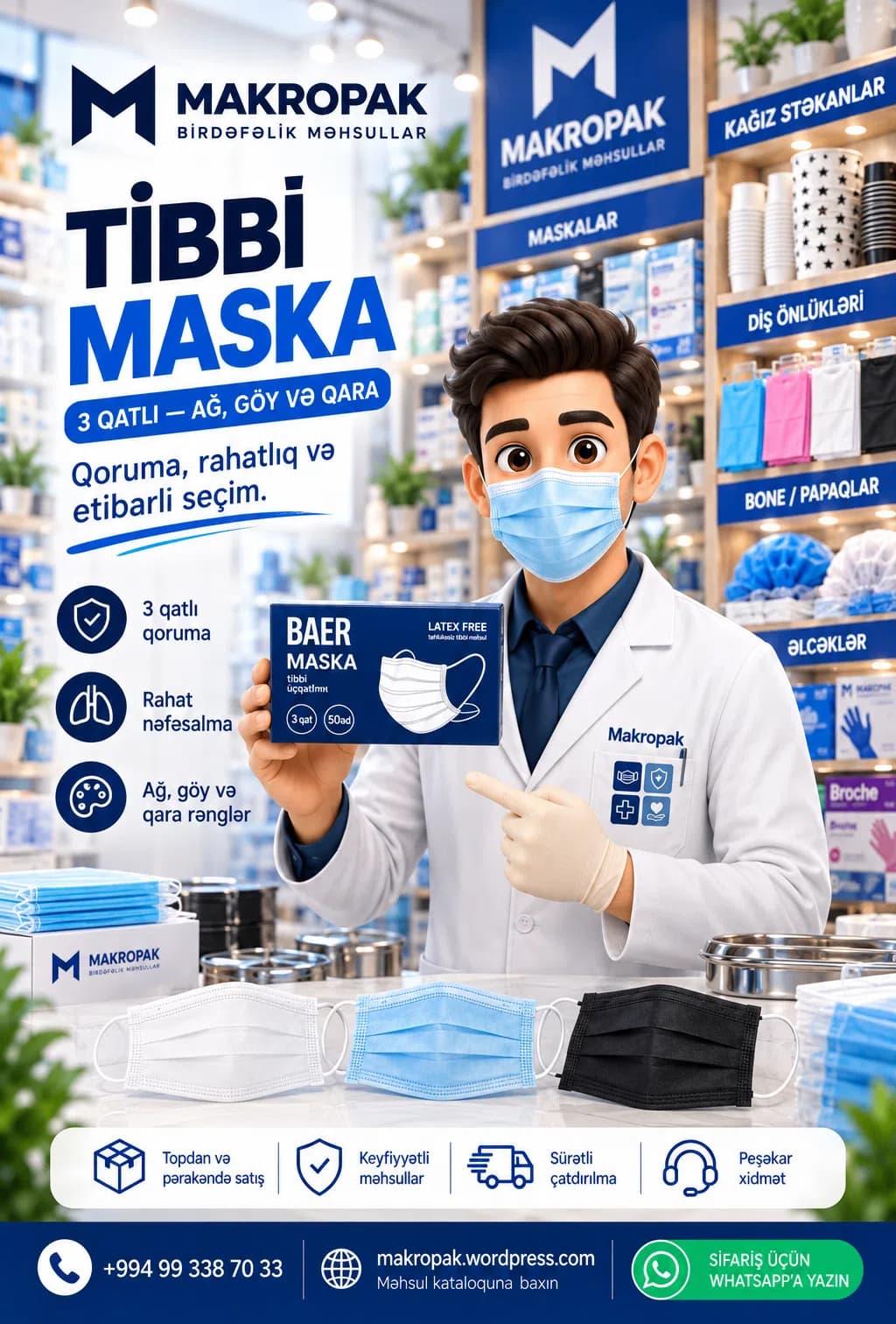 Tibbi maska Baer üçqatlı 50 ədəd