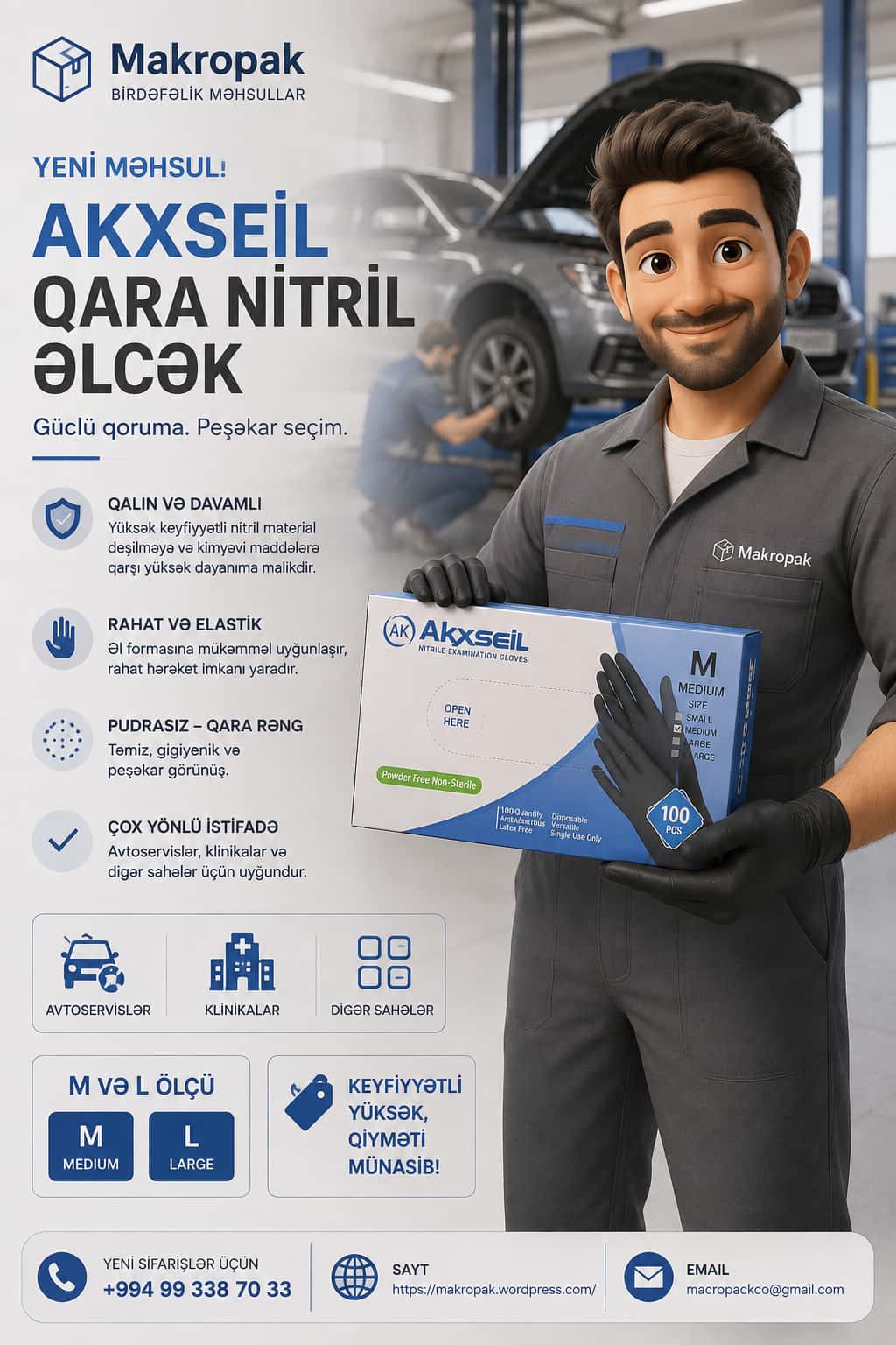 Akxseil black nitrile gloves, powder-free, M and L sizes - Tenderyard