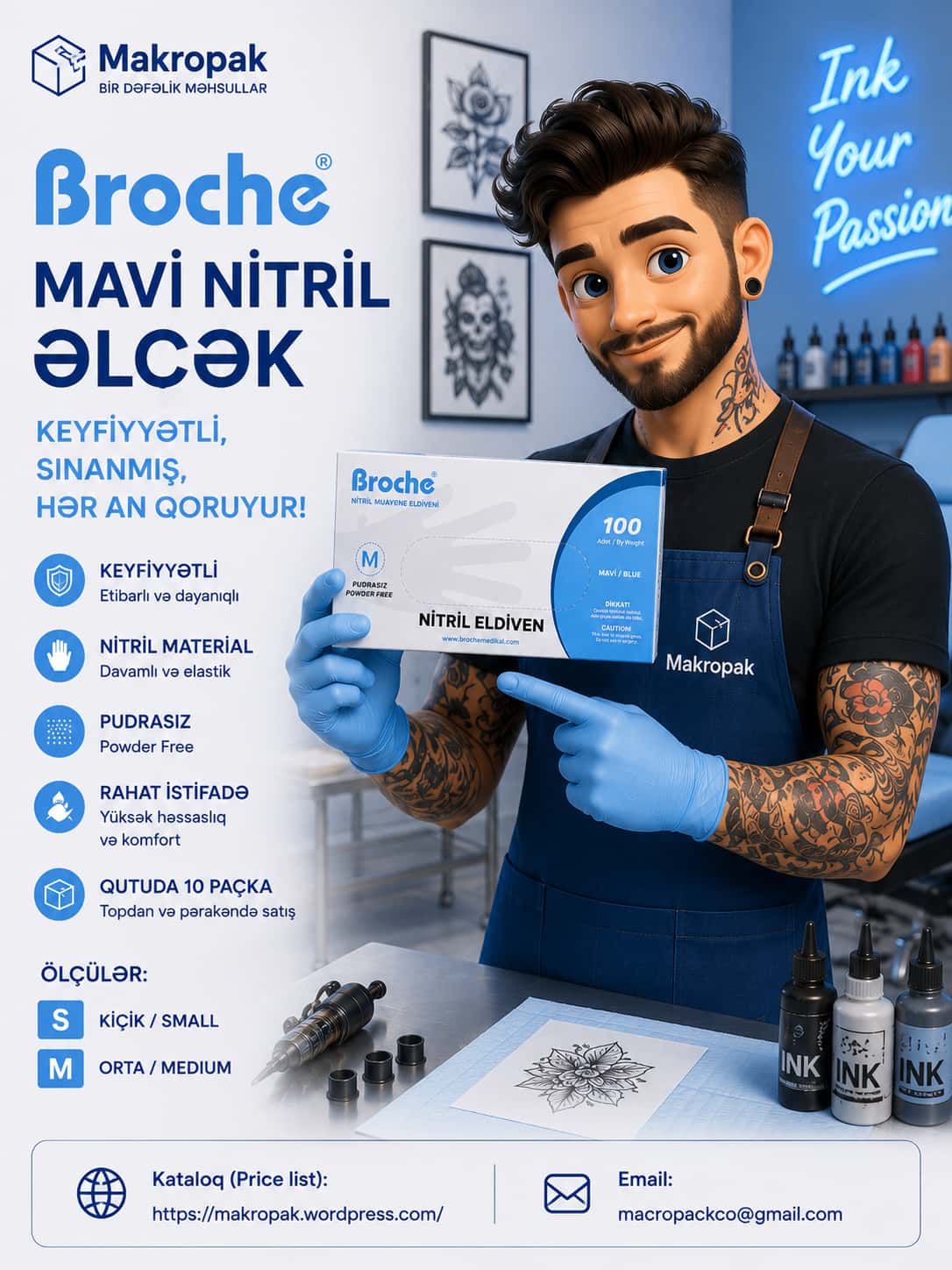 Broche blue nitrile gloves, powder-free, S and M sizes - Tenderyard