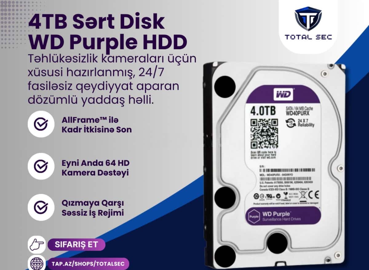 Sərt disk WD Purple 4TB (DVR/NVR üçün) - Tenderyard