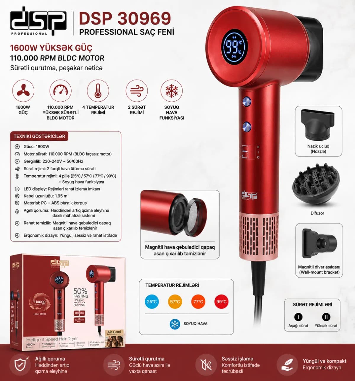Saç feni DSP 30969 1600W qırmızı