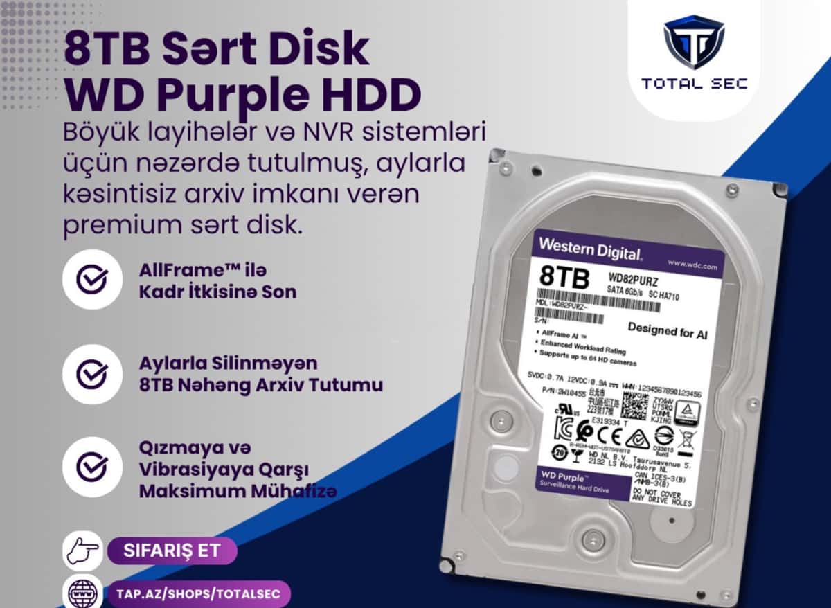 Sərt disk WD Purple 8TB (videomüşahidə üçün) - Tenderyard