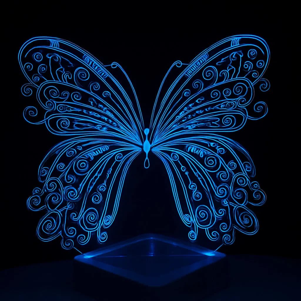 3D LED akril gecə lampası, kəpənək, göy, 20x30 sm