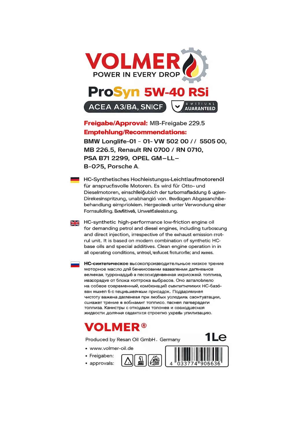 Volmer ProSyn 5W-40 RSi Motor Yağı, 1 L - Tenderyard