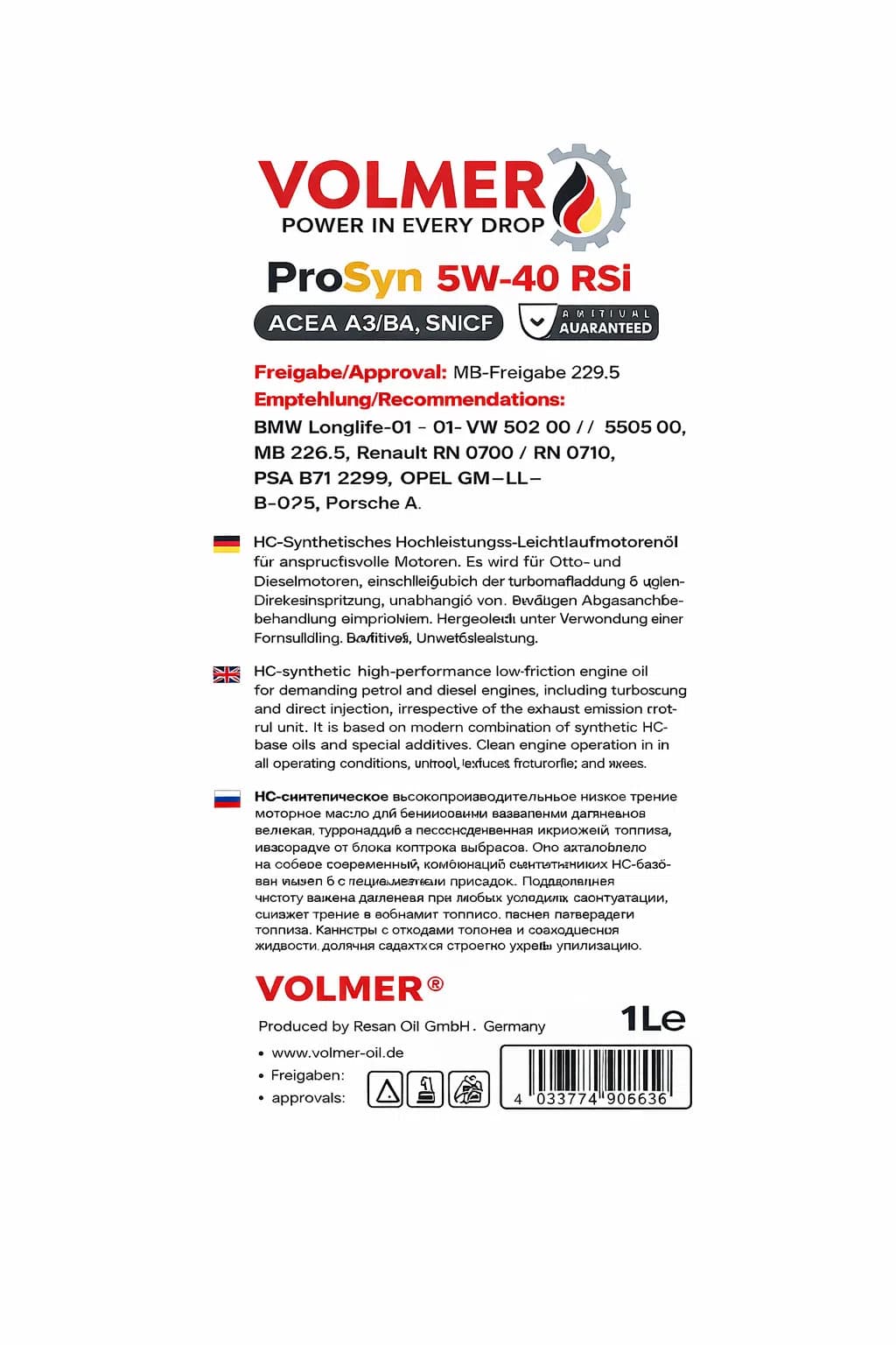 Volmer ProSyn 5W-40 RSi Motor Yağı, 1 L