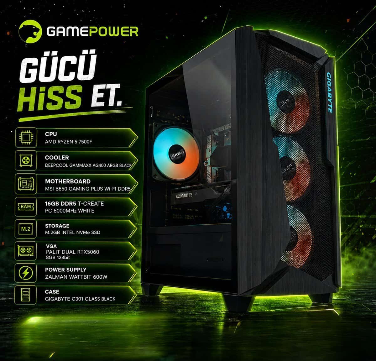 GamePower Ryzen 5 7500F RTX 5060 Gaming PC - Tenderyard