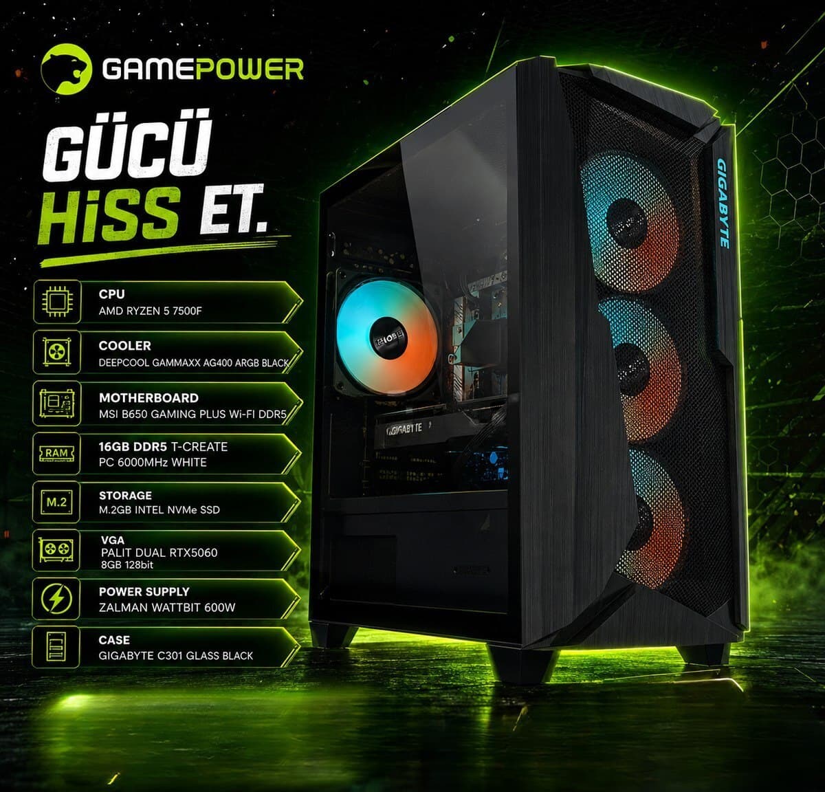 GamePower Ryzen 5 7500F RTX 5060 Gaming PC
