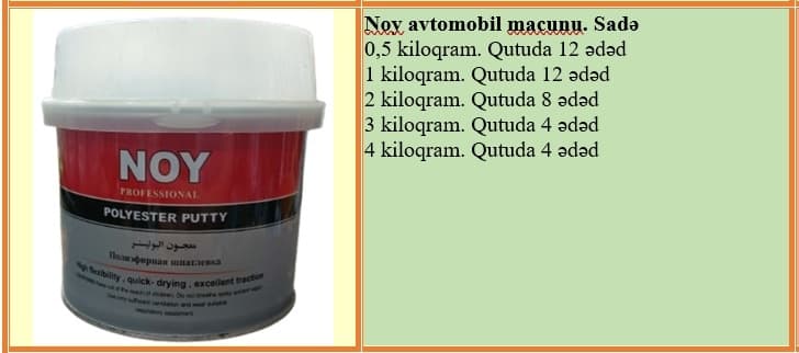 NOY avtomobil şpaklyovka-macunları