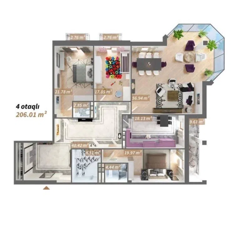4 otaqlı mənzil 206 m² satılır — şəkil 2