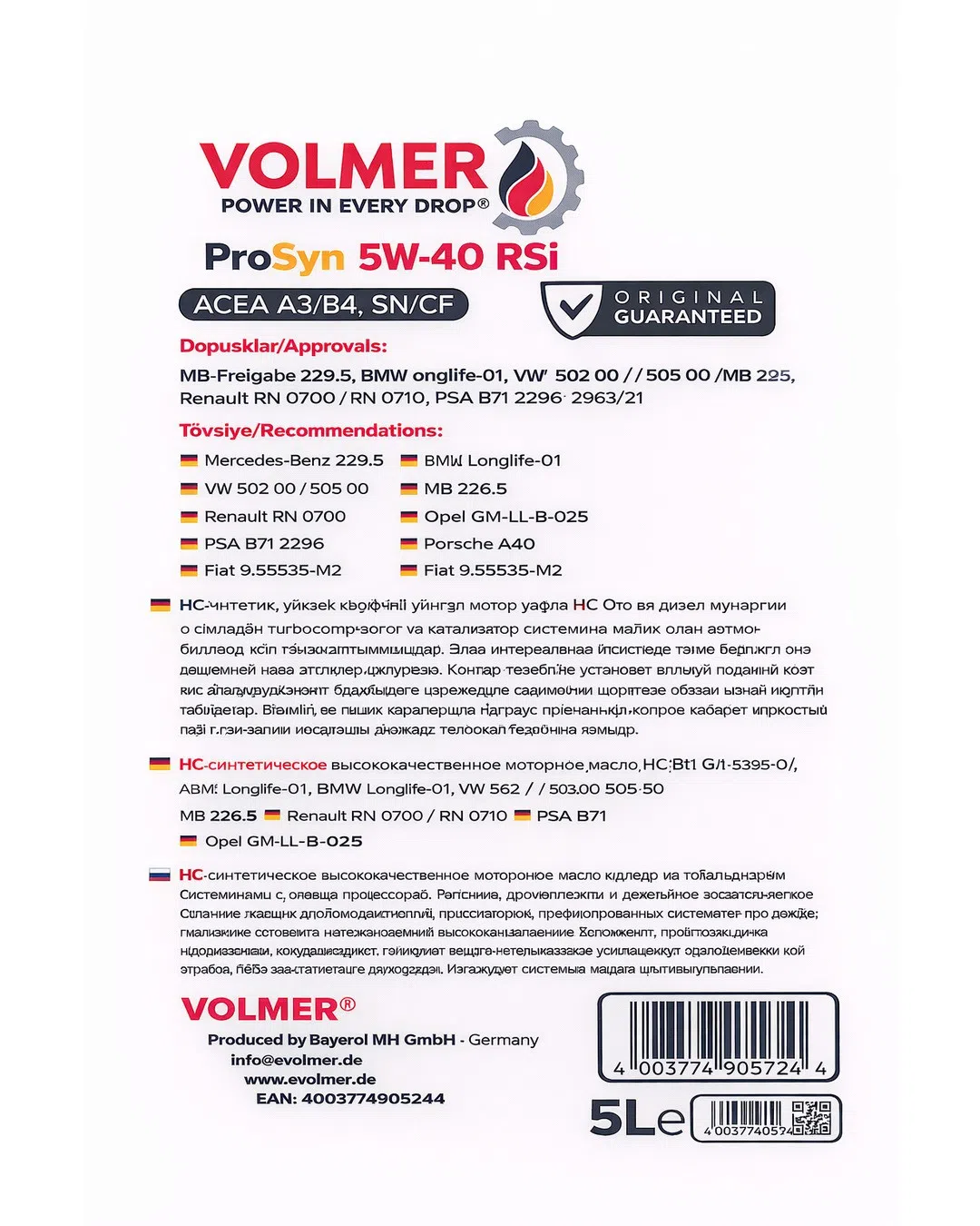 Volmer ProSyn 5W-40 RSi Sintetik Mühərrik Yağı, 5L
