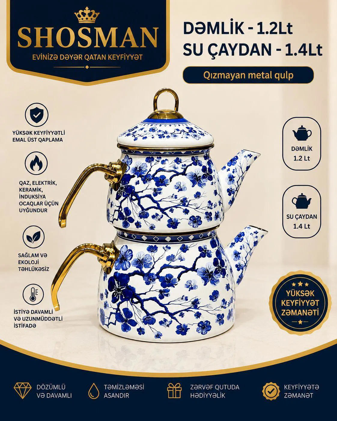 Shosman Emal Çaydan Dəsti - 1.2Lt Dəmlik və 1.4Lt Su Çaydani - Tenderyard